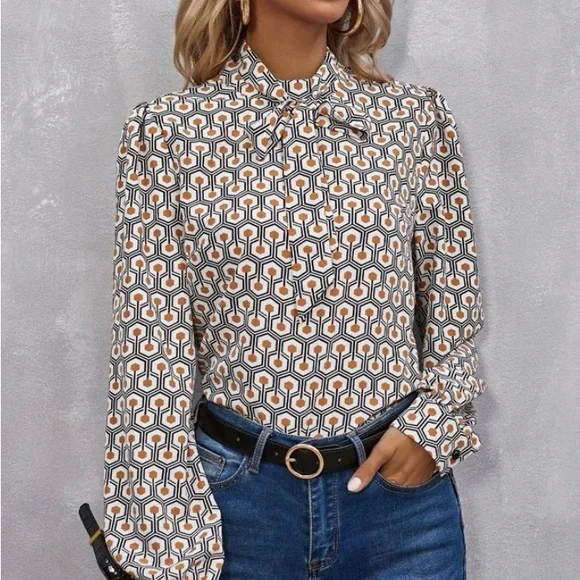 SHEIN | Button Neck Keyhole Back Geo Long Sleeve Top - Picture 1 of 8